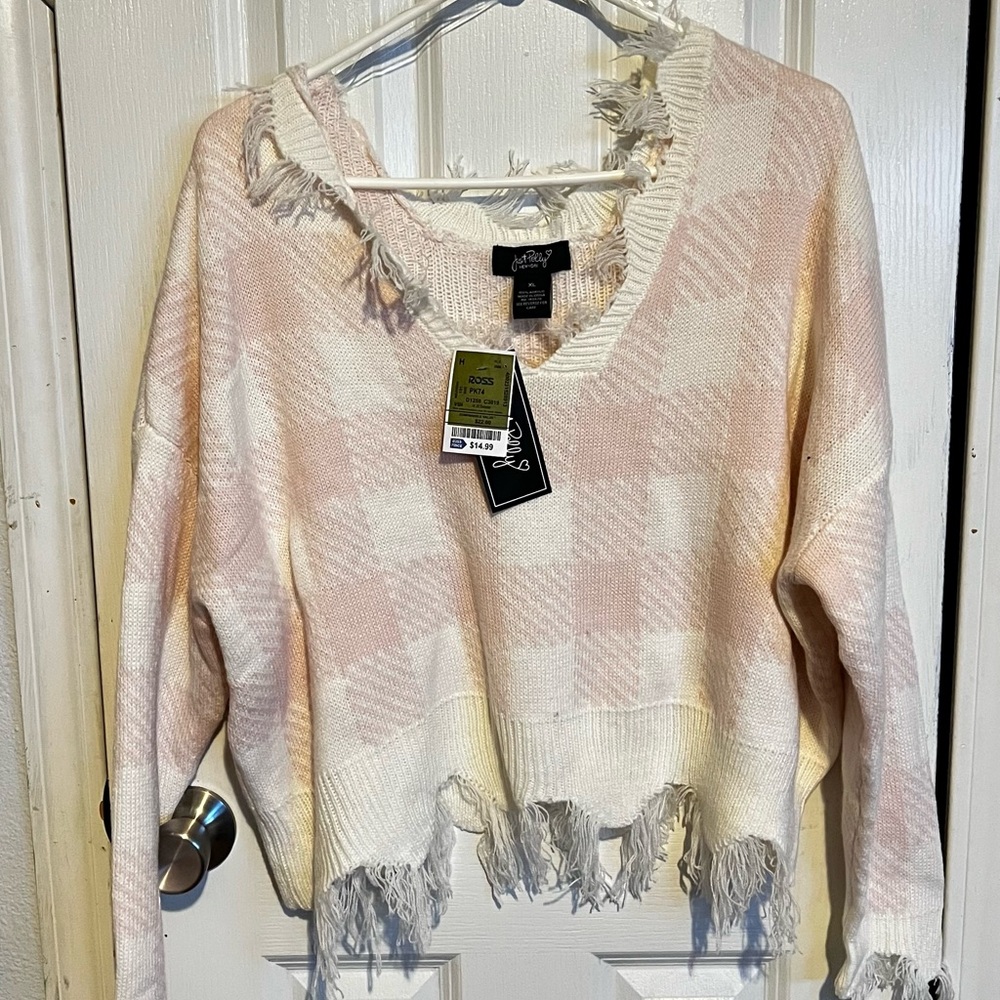 Cream and Pink Knit Distressed Sweater